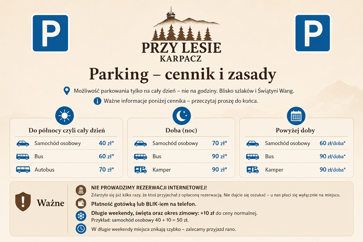 Cennik parkingu OW Przy Lesie w Karpaczu – ceny dla samochodów osobowych, busów i kamperów