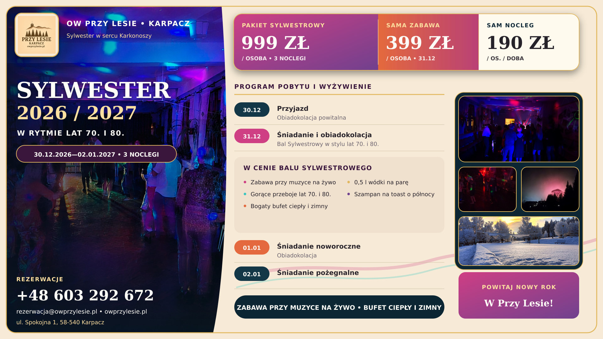 Sylwester 2026/2027 w OW Przy Lesie w Karpaczu – oferta pobytu i balu w rytmie lat 70. i 80.